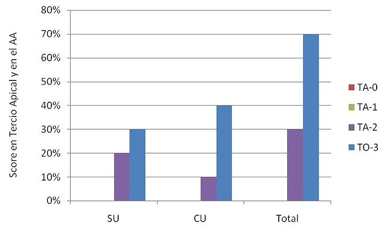 Figura 4. Scores en tercio apical luego del contacto con ácido acético 5% sin ultrasonido y con ultrasonido. CU: con ultrasonido; SU: sin ultrasonido. TA-0: Totalidad de túbulos abiertos; TA-1: más de 50%de túbulos abiertos; TA-2: menos de 50% de túbulos abiertos; TO-3: totalidad de túbulos obliterados.